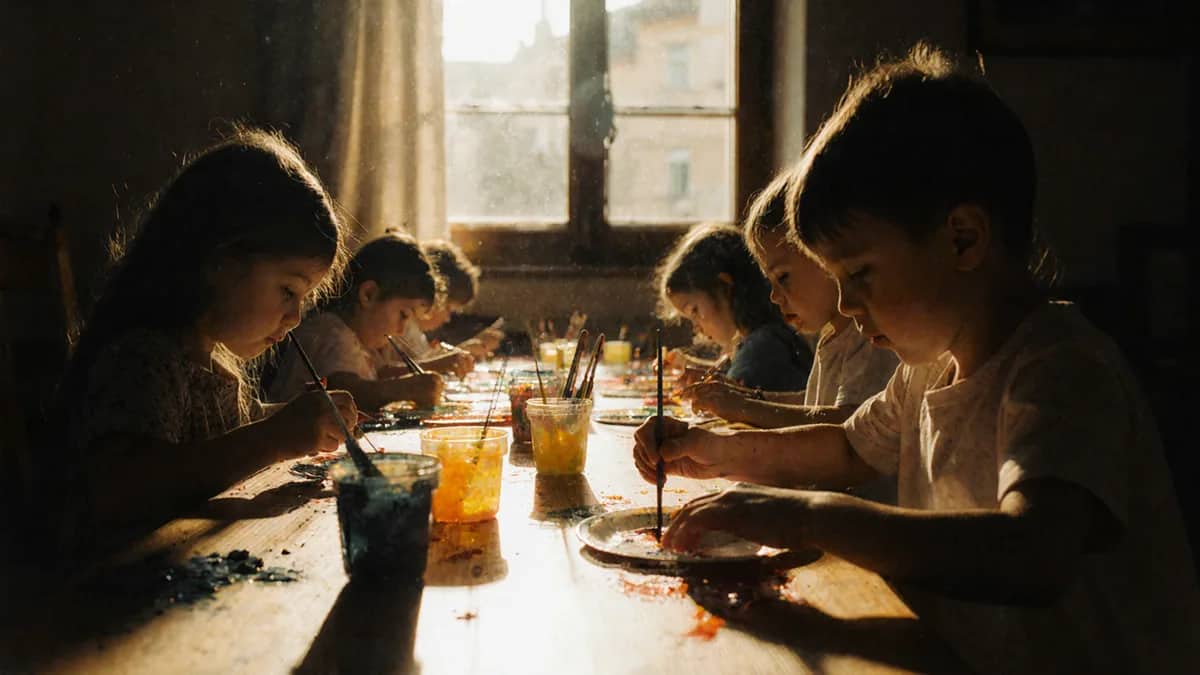 Illustration générée par IA Children paint with brushes at a long wooden table in a sunlit studio, cups of bright paint between them. — Illustration générée par IA