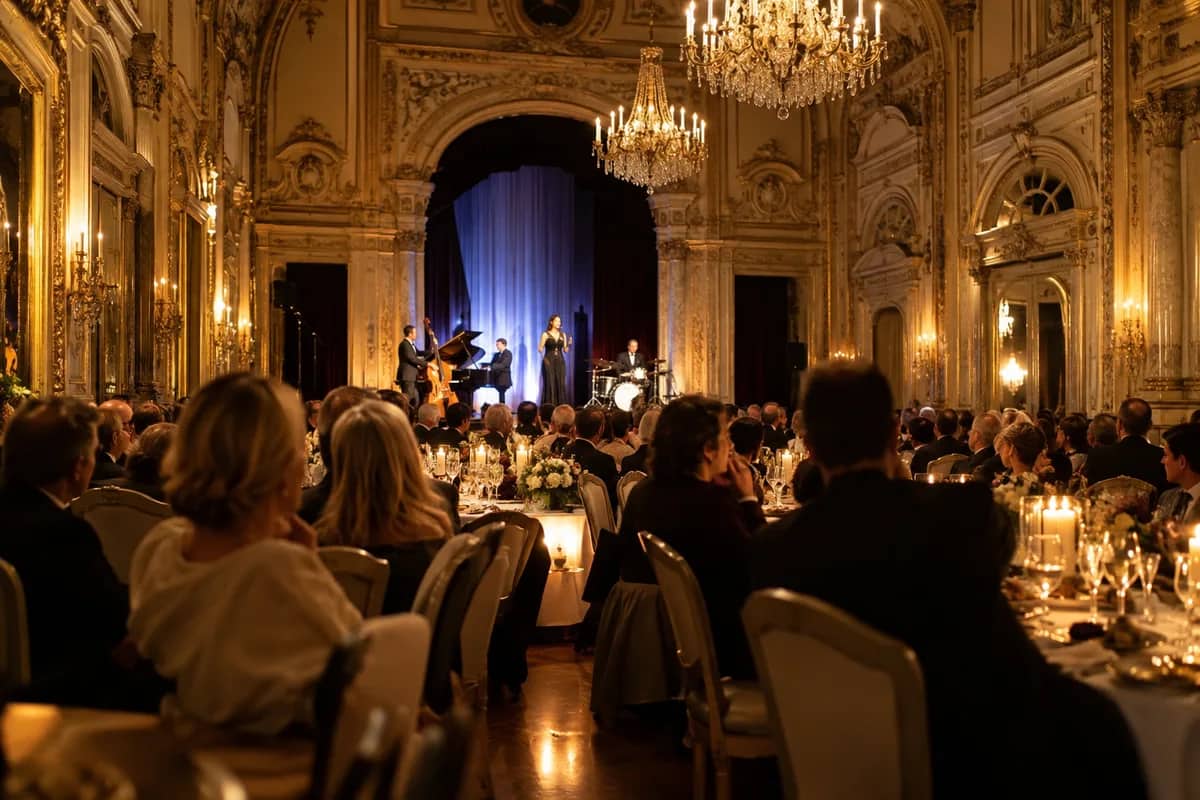 AI-generated illustration Guests dining in a gilded ballroom with a live performance — AI-generated illustration