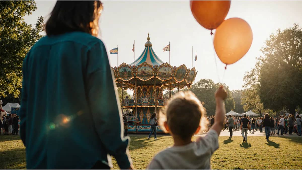 AI-generated illustration Child with balloons watching a carousel in a park — AI-generated illustration
