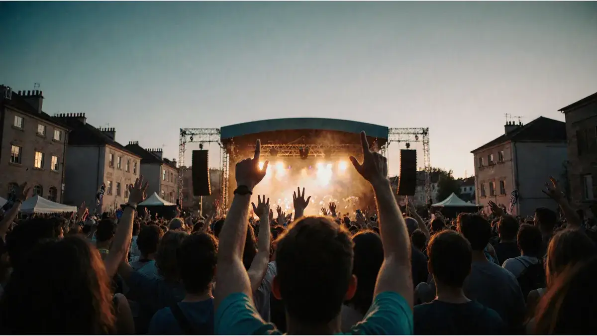 AI-generated illustration Outdoor concert crowd facing a glowing stage at dusk — AI-generated illustration