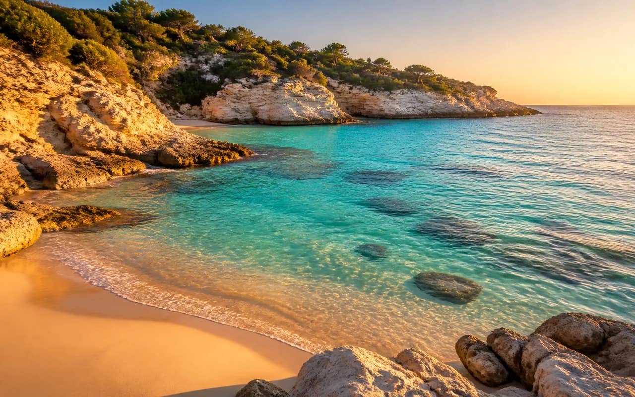 Mediterranean beach cove at golden hour with turquoise shallows