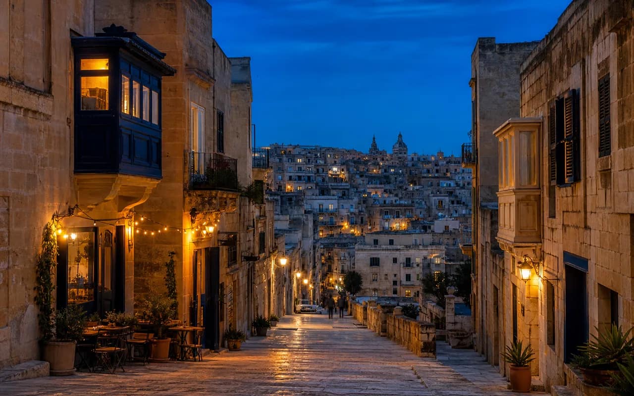 Mediterranean old-town street at blue hour with warm shopfront glow