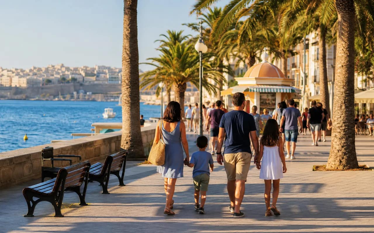 Sunlit seaside promenade with families strolling from behind