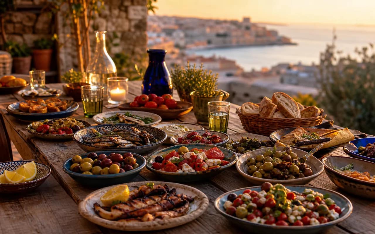 Overhead Mediterranean meze spread on a rustic candlelit table