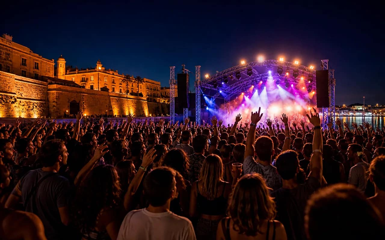 Open-air summer festival at night with stage lights and crowd silhouettes